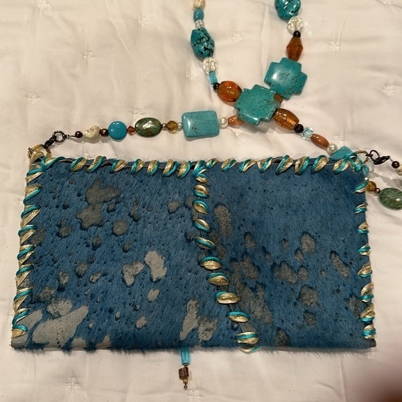 Handmade Genuine Hair-on-calf hide Cowprint & turquoise cross Bag - Picture 10 of 10